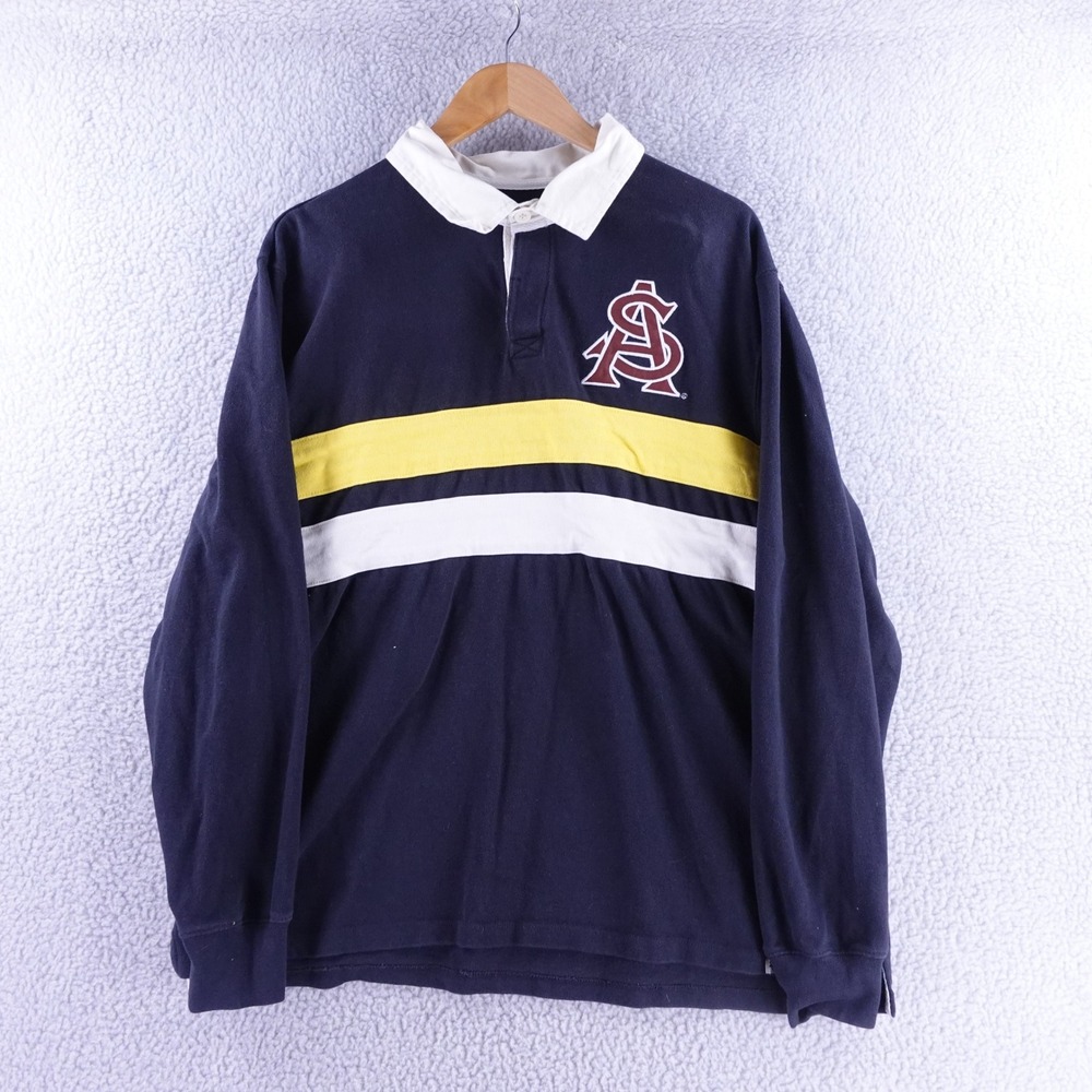 47 Brand Mens XL Navy Blue Striped Long‎ Sleeve Rugby Shirt Y2K AS Patch